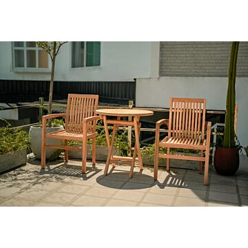 Teakea tuinset met 2 Pile stapelbare teakstoelen en ronde inklapbare tafel Ø70 cm – FSC teak set voor balkon of terras



