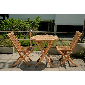 Teakea tuinset met 2 inklapbare teakstoelen en ronde klaptafel Ø70 cm – compacte FSC teak tuinset voor balkon of kleine tuin