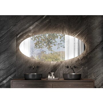 ELIPSE maatwerk spiegel – ovaal design met indirecte LED-verlichting, touchdimmer, spiegelverwarming en Bluetooth-audio. Verkrijgbaar in diverse afmetingen (400×800 mm – 1000×2000 mm) voor een luxe en functioneel interieur.