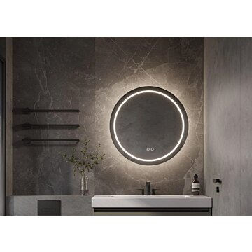 FRANKFURT mirror with timeless round design and advanced technology, featuring integrated direct and indirect lighting, touch dimmer for adjustable brightness, and anti-fog heating for clear, condensation-free surface. Available in Ø600 mm, Ø800 mm, and Ø