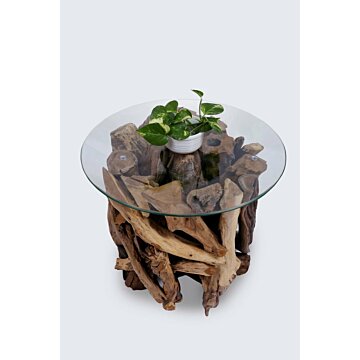 ROOT | Teak Wortel Salontafel met glas | Rond | 50x50 - DEV-ROOT-CT-ROUND-50-50