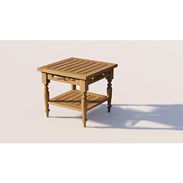 Teakhouten Batavia koffietafel 50×50 cm met extra legplank en decoratief houtsnijwerk

