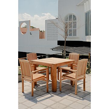 Teakea Teakhouten Tuinset Ibiza met 4 stapelbare stoelen en vierkante tafel – buitenmeubels van duurzaam teak