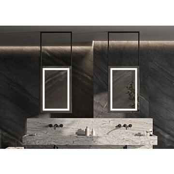 Luxe NICE spiegel met strak frame en subtiele rondingen, verkrijgbaar in maatwerkafmetingen (800×400 mm tot 1400×700 mm). Keuze uit meerdere kleuren, waaronder mat zwart. Indirecte verlichting, dimbare trafo’s, Bluetooth-audio en digitale klokopties. CE-g