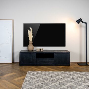Zwart mangohouten Tenna TV‑meubel 150 cm met push‑to‑open deuren en open vak

