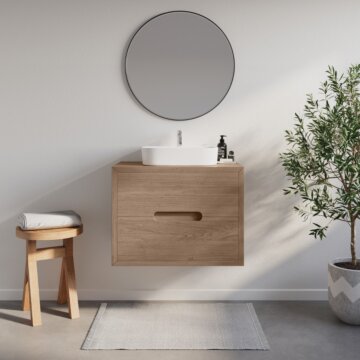 Eikenhouten badmeubel Rondo met minimalistisch design, afgewerkt met hoogwaardige lak of olie voor bescherming tegen vocht, verkrijgbaar in diverse maten en perfect voor maatwerk.