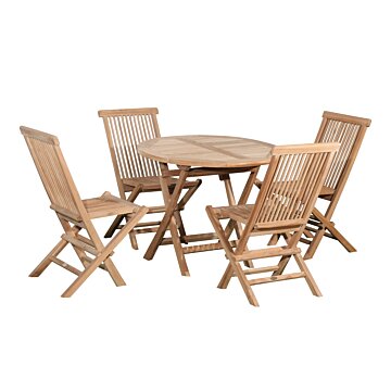 Vier inklapbare teakhouten tuinstoelen met een ronde teakhouten tuintafel 70 cm inklapbaar. 