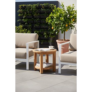 Ronde teak tuin salontafel van Ø60 cm met onderblad gemaakt van massief FSC teakhout voor buitengebruik