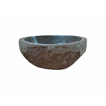 Unieke rivierstenen waskom in natuurlijke grijstinten, met een glad gepolijste binnenkant en een ruwe natuurlijke buitenkant, afmetingen 35 x 29 x 15,5 cm, creëert een sfeer van luxe en rust in elke badkamer.