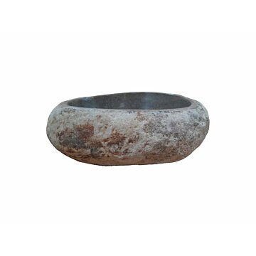 Unieke rivierstenen waskom in natuurlijke grijstinten, binnenkant glad gepolijst en ruwe buitenkant, afmetingen 33 x 29 x 14 cm, combineert esthetiek met functionaliteit in uw badkamerontwerp
