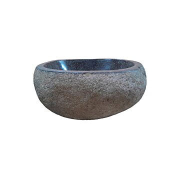 Unieke rivierstenen waskom, 31 x 30 x 15 cm, in natuurlijke grijstinten met een glad gepolijste binnenkant en ruwe buitenkant, brengt een mix van functionaliteit en natuurlijke schoonheid in uw badkamer.
