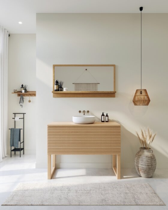 Badkamermeubel Luca met horizontaal lattenfront, verkrijgbaar in diverse kleuren en maten (60-120 cm), biedt een moderne uitstraling en ruime opbergruimte voor de badkamer.