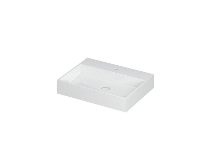 Elegant ontwerp met verdekt overloopsysteem en porseleinen clickplug. Ideaal voor moderne badkamers, maat 60x45x11 cm.
