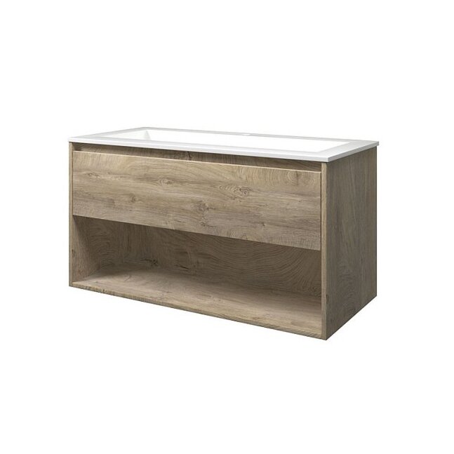 Stijlvolle polystone wastafel 100x46x2 | Glans wit | Onderkast 1 lade