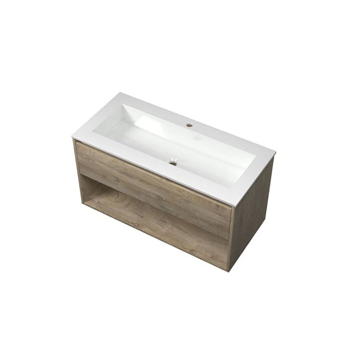 Wastafel polystone Elegant 100x46x2 |2 Kraangaten | Onderkast 1 lade met open schap 100x46x52