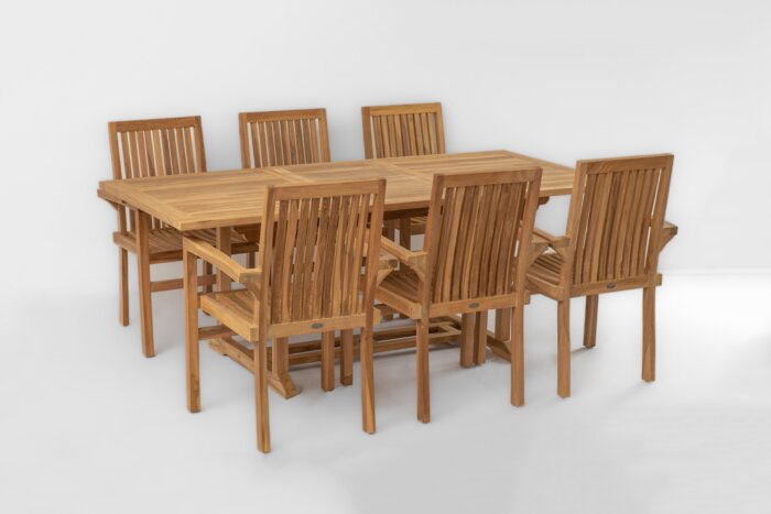 Teak Tuinset Pile | 6 Stapelbare tuinstoelen met Teak tafel 150<>200 rechthoekig