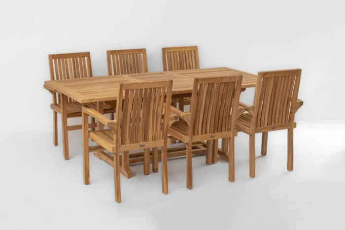 Teak Tuinset Pile | 6 Stapelbare tuinstoelen met Teak tafel 150<>200 rechthoekig