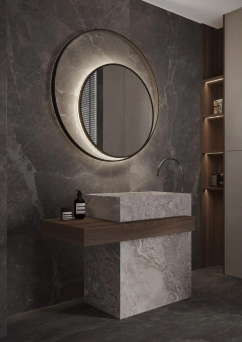 ATHENE ronde spiegel met modern design en indirecte verlichting, verkrijgbaar in diverse afmetingen en kleuren zoals mat zwart. Stijlvolle en functionele spiegel voor elke interieurstijl, met maatwerkopties en snelle levertijd. CE-gecertificeerd en 2 jaar