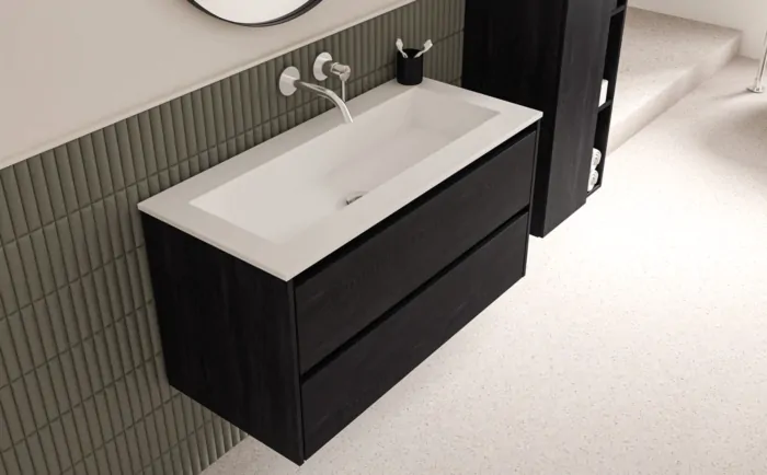 Wastafel polystone Elegant 100x46x2 | 1 Kraangaten| Glans wit Onderkast 2 laden symmetrisch | 100x46x52