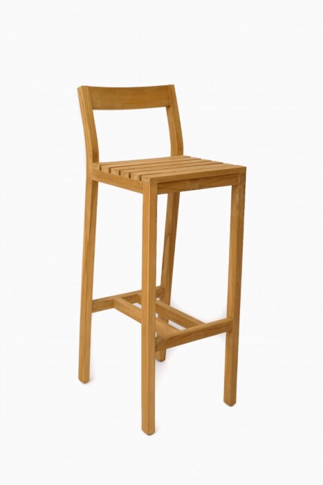 Teakhouten Barista barkruk met rugleuning, 40x40 cm zitting, zithoogte 91 cm, massief teakhout, perfect voor binnen en buiten.
