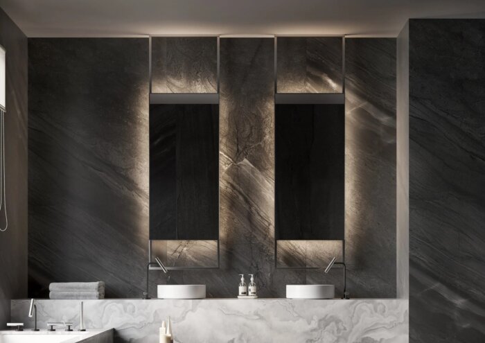 Luxe CANNES spiegel met indirecte verlichting en maatwerkopties, beschikbaar in diverse afmetingen en kleuren zoals mat zwart – perfect voor een stijlvol interieur.