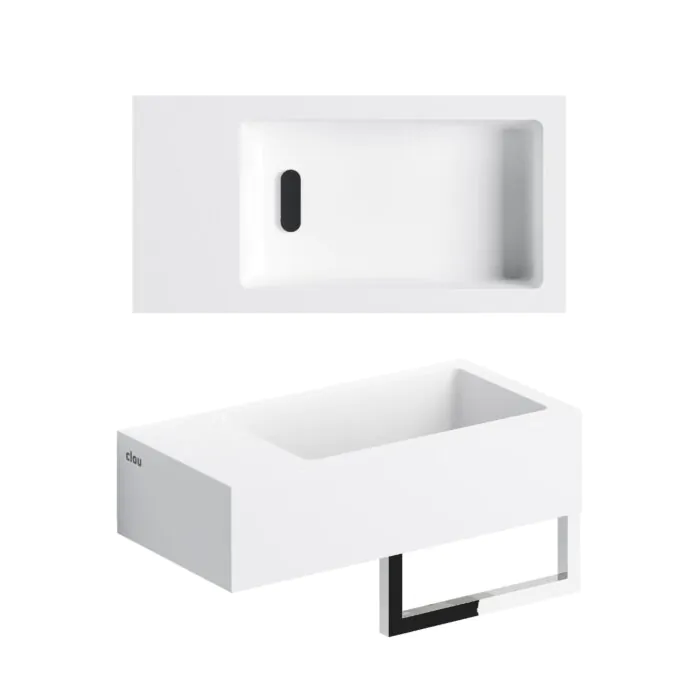 Clou - Flush 3 Fontein Links 36cm, Met Voorbewerkt Kraangat, Chromen Afvoerplug En Handdoekhouder, Mat Wit Aluite