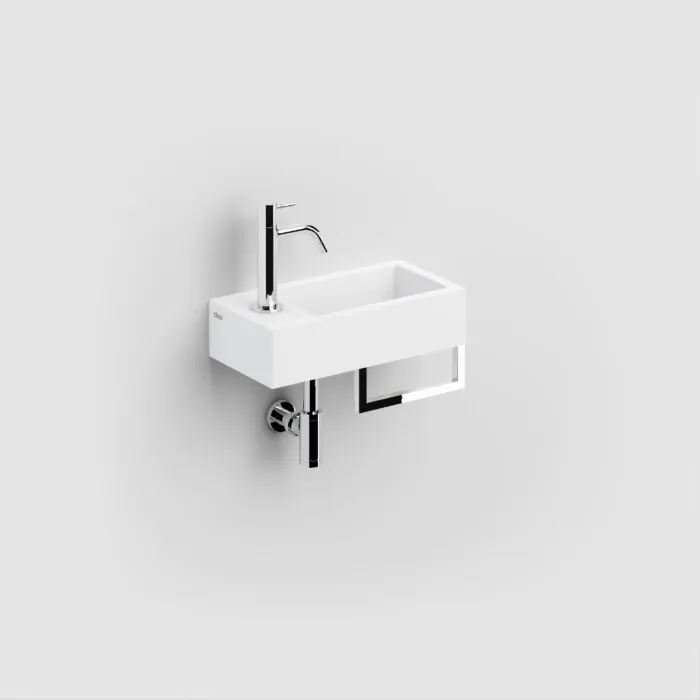 Clou - Flush 3 Fontein Links 36cm, Met Voorbewerkt Kraangat, Chromen Afvoerplug En Handdoekhouder, Mat Wit Aluite