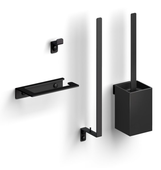 Clou - Fold Accessoireset Bestaande Uit Toiletborstel, Toiletrolhouder, Reserverolhouder En Kledinghaak, Mat Zwart