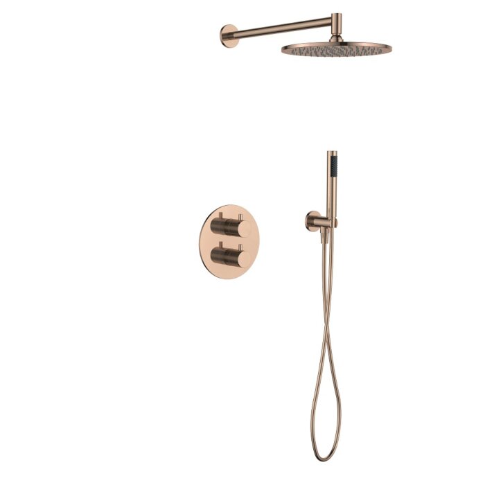 Regn complete thermostatische regendouche inbouwset met rond bedieningselement Geborsteld koper