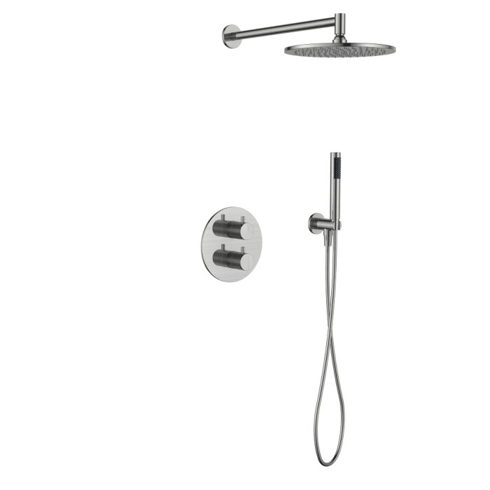 Regn complete thermostatische regendouche inbouwset met rond bedieningselement Geborsteld nikkel