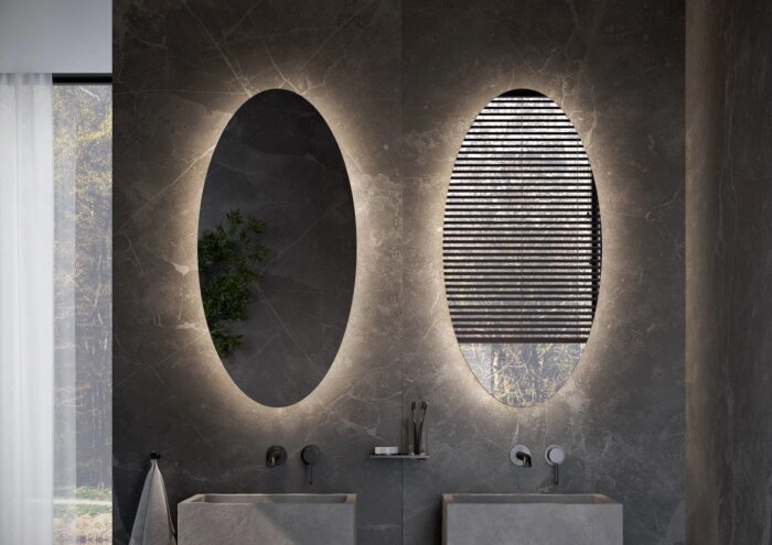 ELIPSE maatwerk spiegel – ovaal design met indirecte LED-verlichting, touchdimmer, spiegelverwarming en Bluetooth-audio. Verkrijgbaar in diverse afmetingen (400×800 mm – 1000×2000 mm) voor een luxe en functioneel interieur.