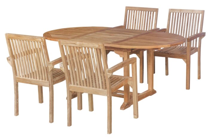 Teak Tuinset Pile | Ovalen Uitschuifbare Tuintafel 120<>180 met Vier Stapelbare Teak Tuinstoelen - Oval-120-180-Pile4