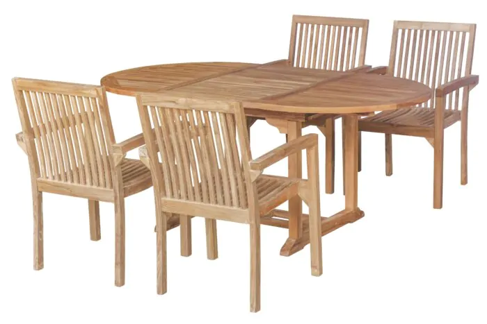 Teak Tuinset Pile | Ovalen Uitschuifbare Tuintafel 120<>180 met Vier Stapelbare Teak Tuinstoelen - Oval-120-180-Pile4