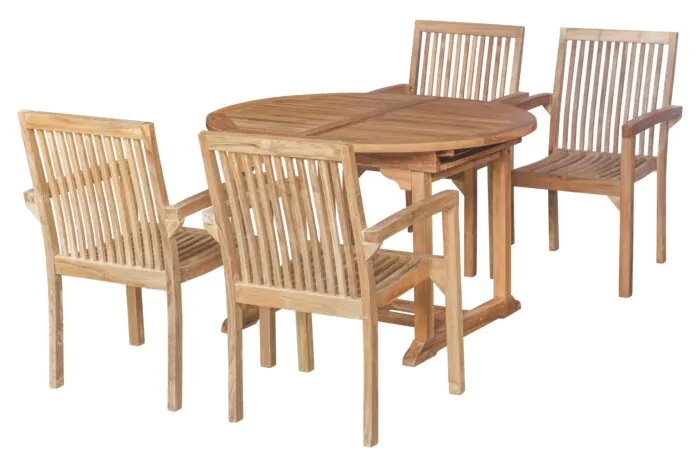 Teak Tuinset Pile | Ovalen Uitschuifbare Tuintafel 120<>180 met Vier Stapelbare Teak Tuinstoelen 