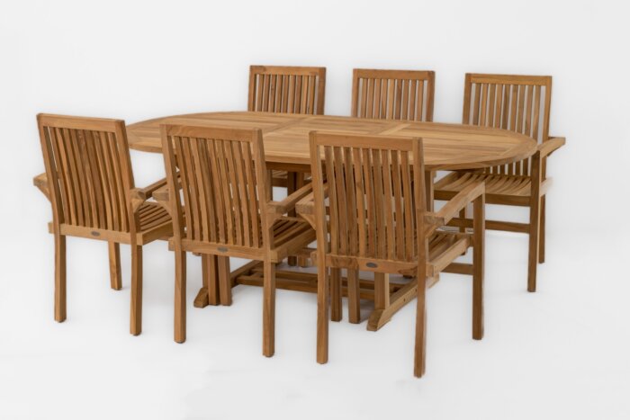 Teakhouten tuinset Ovale tuintafel uitschuifbaar 150-200 plus 6 stapelbare tuinstoelen