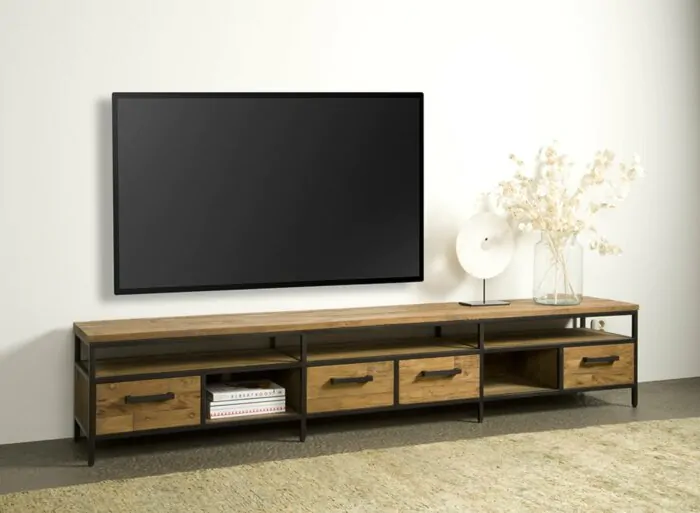 Livorno - Teak met Stalen Frame | TV Meubel  4 laden - 240 x 40 x 45 ( H )  - TWR-FI0107