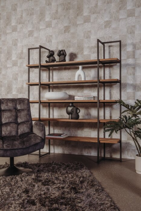 Felino boekenkast 155 cm – Gerecycled teakhout met white wash afwerking, metalen omlijsting en slanke poten. Stijlvol industrieel design.