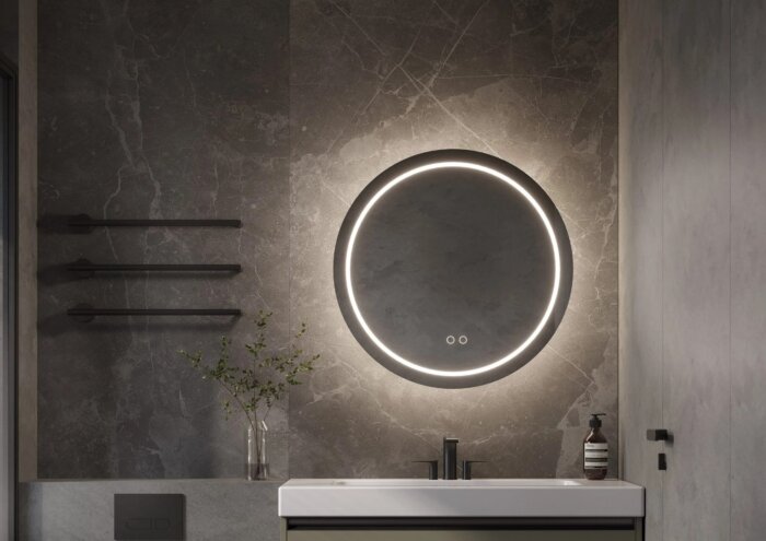 FRANKFURT mirror with timeless round design and advanced technology, featuring integrated direct and indirect lighting, touch dimmer for adjustable brightness, and anti-fog heating for clear, condensation-free surface. Available in Ø600 mm, Ø800 mm, and Ø