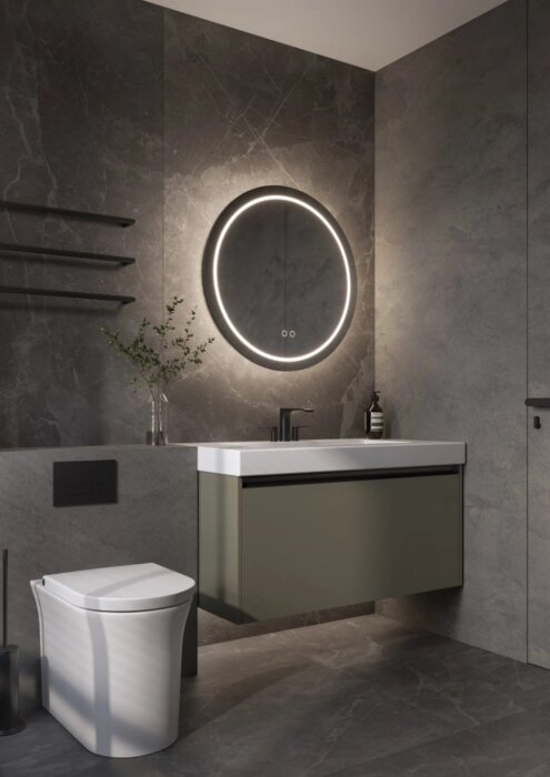 FRANKFURT mirror with timeless round design and advanced technology, featuring integrated direct and indirect lighting, touch dimmer for adjustable brightness, and anti-fog heating for clear, condensation-free surface. Available in Ø600 mm, Ø800 mm, and Ø
