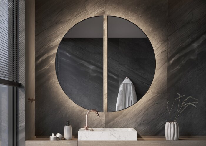 GENEVE spiegel met uniek ontwerp van halve cirkels, stijlvol frame en indirecte verlichting. Verkrijgbaar in diverse afmetingen en kleuren, inclusief maatwerkopties zoals dimbare trafo’s, Bluetooth-audio en digitale klok. Moderne en elegante wandspiegel v