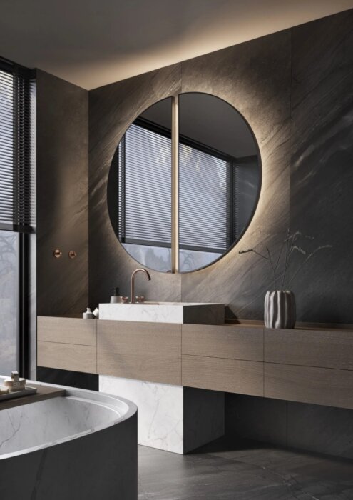 GENEVE spiegel met uniek ontwerp van halve cirkels, stijlvol frame en indirecte verlichting. Verkrijgbaar in diverse afmetingen en kleuren, inclusief maatwerkopties zoals dimbare trafo’s, Bluetooth-audio en digitale klok. Moderne en elegante wandspiegel v