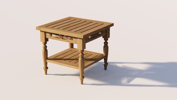 Teakhouten Batavia koffietafel 50×50 cm met extra legplank en decoratief houtsnijwerk

