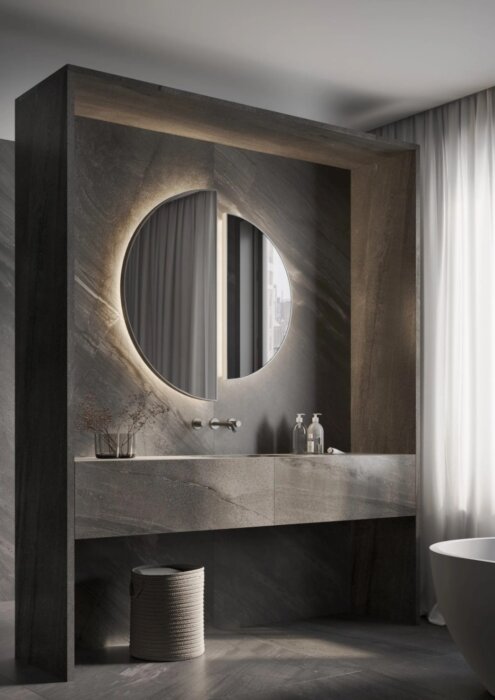 LUNA spiegel met uniek halfrond design en stijlvol frame, op maat verkrijgbaar in diverse afmetingen en kleuren. Indirecte verlichting, maatwerkopties zoals dimbare trafo’s, Bluetooth-audio en digitale klok. Perfecte combinatie van esthetiek en functional