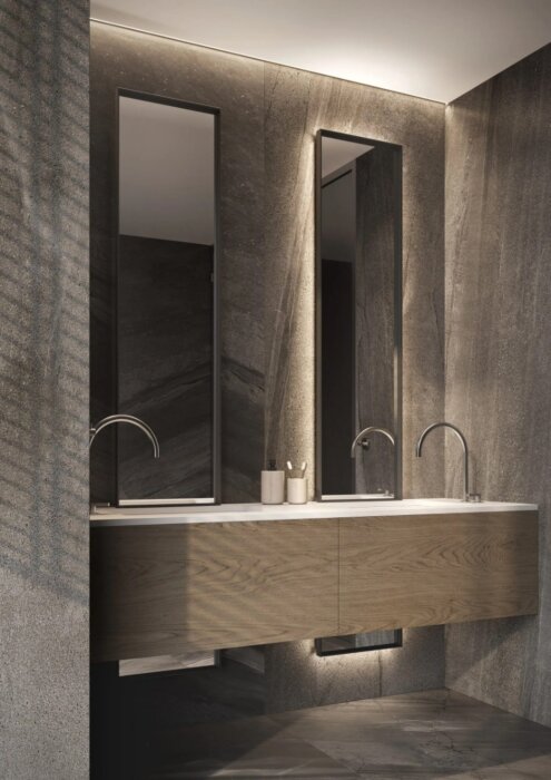 MALTA maatwerkspiegel – luxe tweedelig design met indirecte verlichting, verkrijgbaar in diverse afmetingen en kleuren, inclusief opties zoals dimbare verlichting, Bluetooth-audio en digitale klok. Perfect voor moderne en klassieke interieurs.