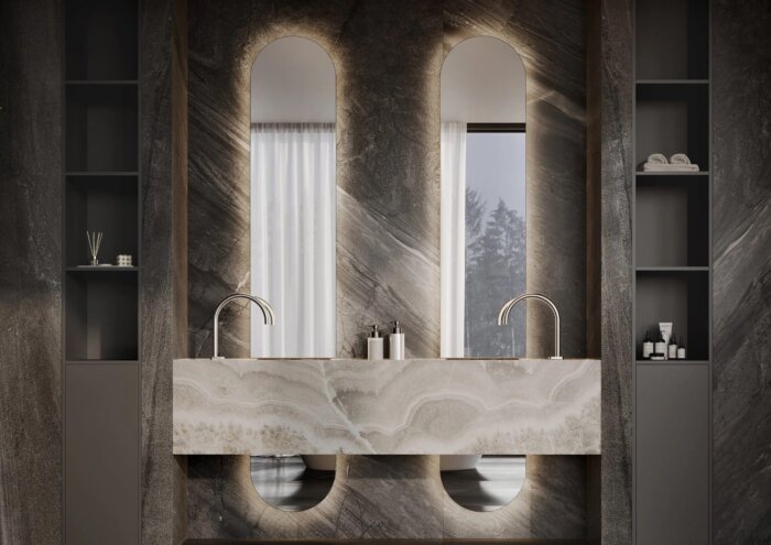 MARBELLA spiegel – luxe tweedelige designspiegel met maatwerkopties, dimbare verlichting, Bluetooth-audio en digitale klok. Ideaal voor badkamer, slaapkamer of hal. Stijlvol, functioneel en op maat verkrijgbaar.