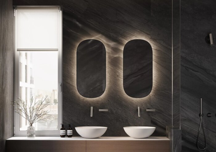 Moderne MELBOURNE spiegel met maatwerkopties, verkrijgbaar in diverse afmetingen en kleuren zoals mat zwart. Voorzien van LED-verlichting, Bluetooth-audio en digitale klok. Stijlvolle en functionele designspiegel met CE-markering en 2 jaar garantie.
