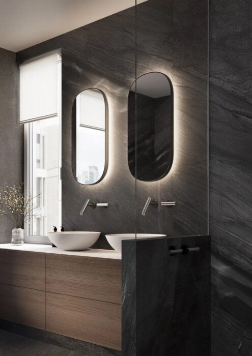 Moderne MELBOURNE spiegel met maatwerkopties, verkrijgbaar in diverse afmetingen en kleuren zoals mat zwart. Voorzien van LED-verlichting, Bluetooth-audio en digitale klok. Stijlvolle en functionele designspiegel met CE-markering en 2 jaar garantie.