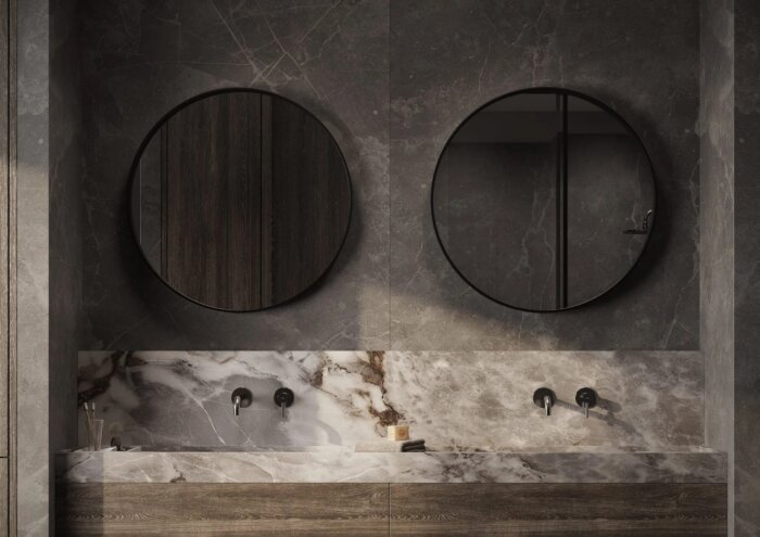 De MIAMI spiegel met modern design en maatwerkopties, beschikbaar in verschillende afmetingen (Ø600 mm, Ø800 mm, Ø1000 mm) en framekleuren zoals mat zwart. Personaliseer de spiegel met LED-verlichting, zandstraalafwerking, Bluetooth-audio, en digitale klo