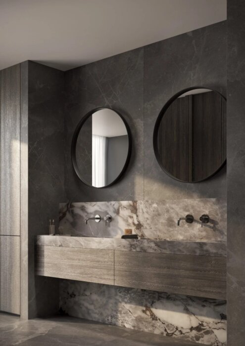 De MIAMI spiegel met modern design en maatwerkopties, beschikbaar in verschillende afmetingen (Ø600 mm, Ø800 mm, Ø1000 mm) en framekleuren zoals mat zwart. Personaliseer de spiegel met LED-verlichting, zandstraalafwerking, Bluetooth-audio, en digitale klo