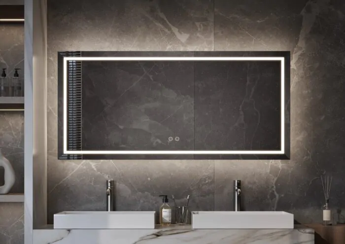 MÜNCHEN spiegel met strak en tijdloos design, LED-verlichting, touchdimmer en spiegelverwarming – verkrijgbaar in 800×700 mm, 1000×700 mm, 1200×700 mm, 1400×700 mm en 1600×700 mm. CE-gecertificeerd, snelle levering in 5 werkdagen, 2 jaar garantie. Perfect